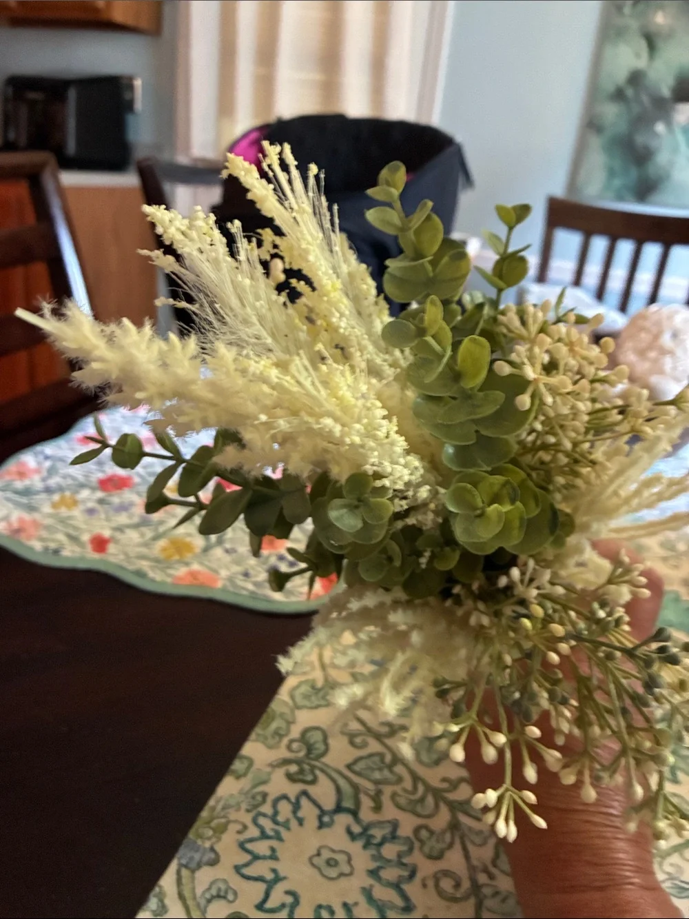 Green Ribbed Glass Vase with White & Green Faux Floral Accent